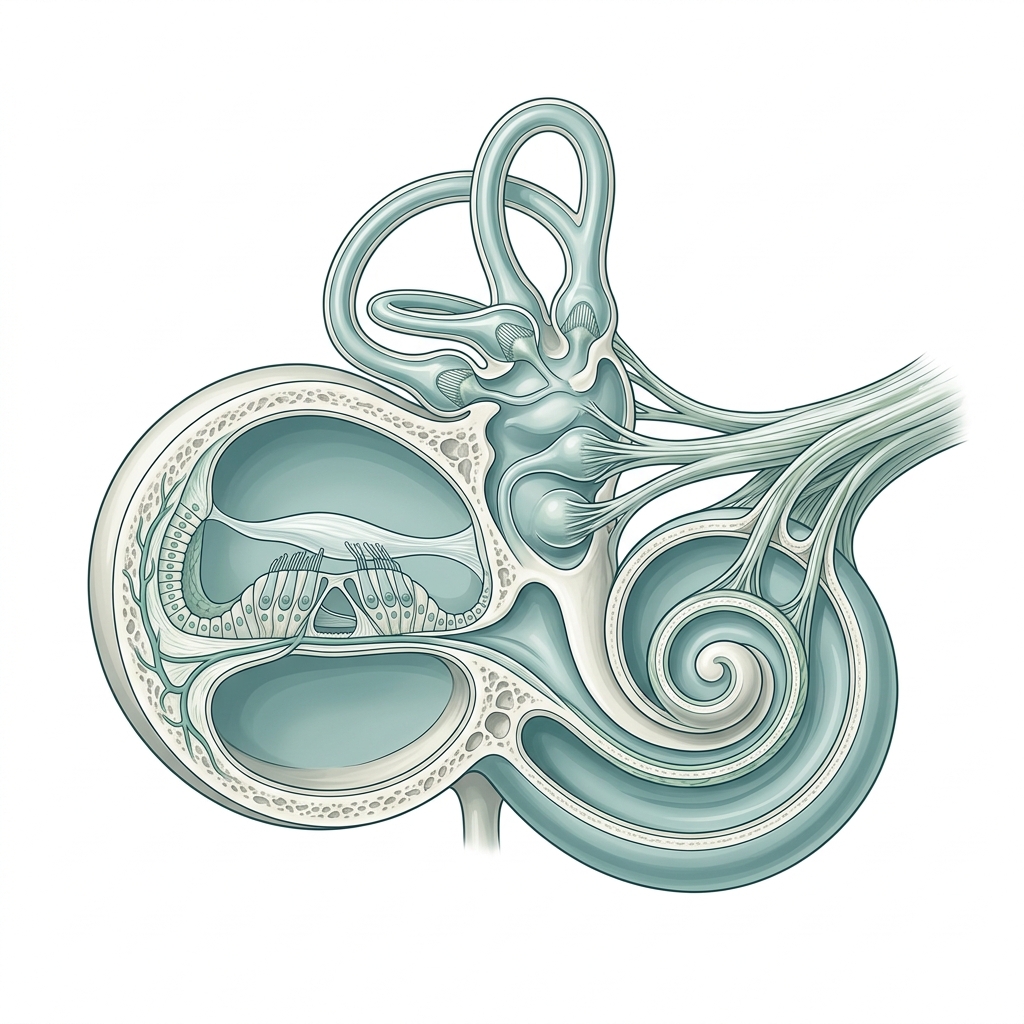 Anatomical illustration of the inner ear showing the cochlea and hair cells involved in sound processing